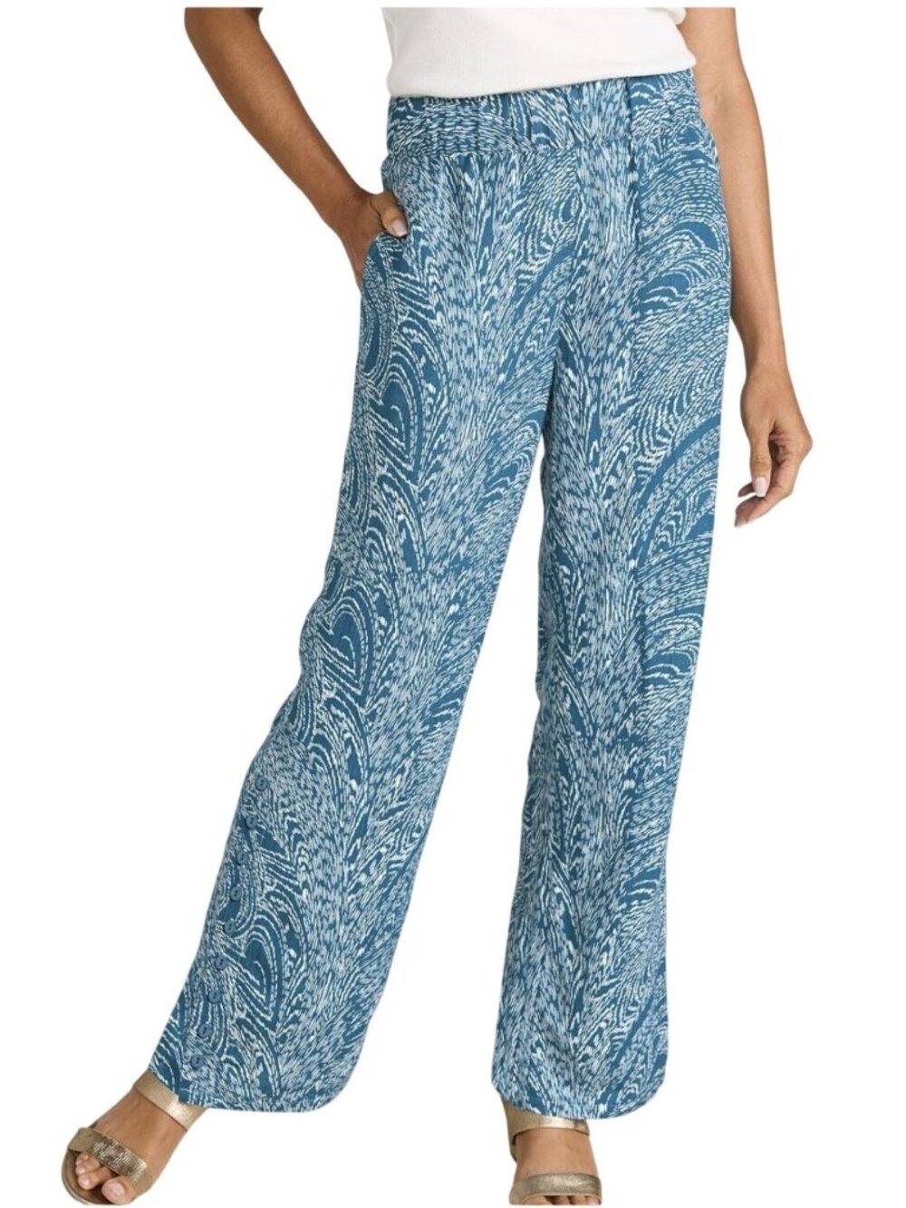 Soft Surroundings Oceo Crinkle Gauze Wide Leg Pants Medium Blue White Print